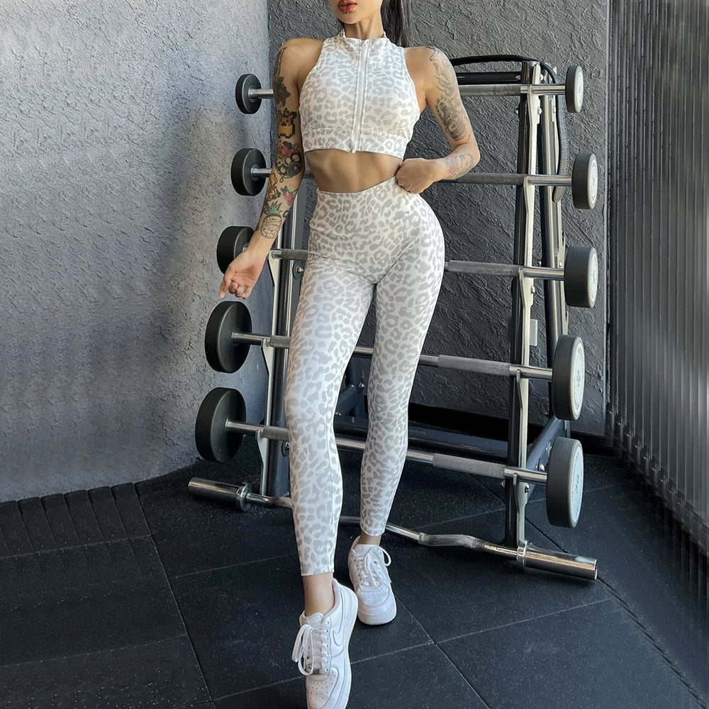 1/2PCS Zipper Leopard Print Sport Gym Yoga Sets Women Sport Bdra Scrunch Pants Fitness Leggings Suits Workout Clothes for Women