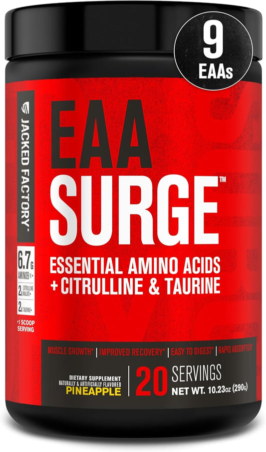 EAA Surge Essential Amino Acids Powder - EAAS & BCAA Intra Workout Supplement W/L-Citrulline, Taurine, & More for Muscle Building, Strength, Endurance, Recovery - Pineapple, 20Sv