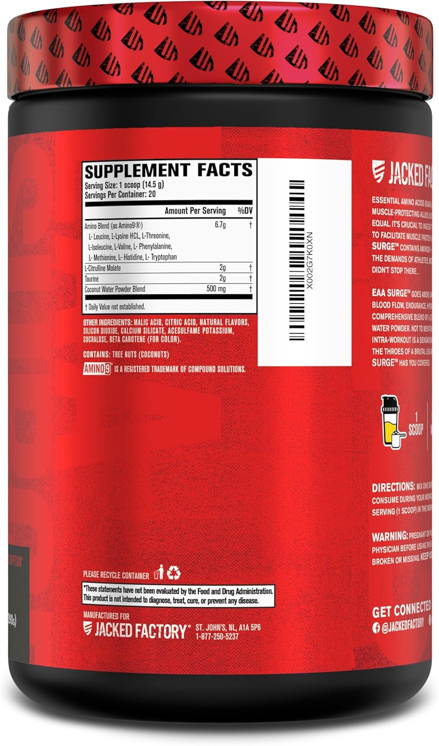 EAA Surge Essential Amino Acids Powder - EAAS & BCAA Intra Workout Supplement W/L-Citrulline, Taurine, & More for Muscle Building, Strength, Endurance, Recovery - Pineapple, 20Sv